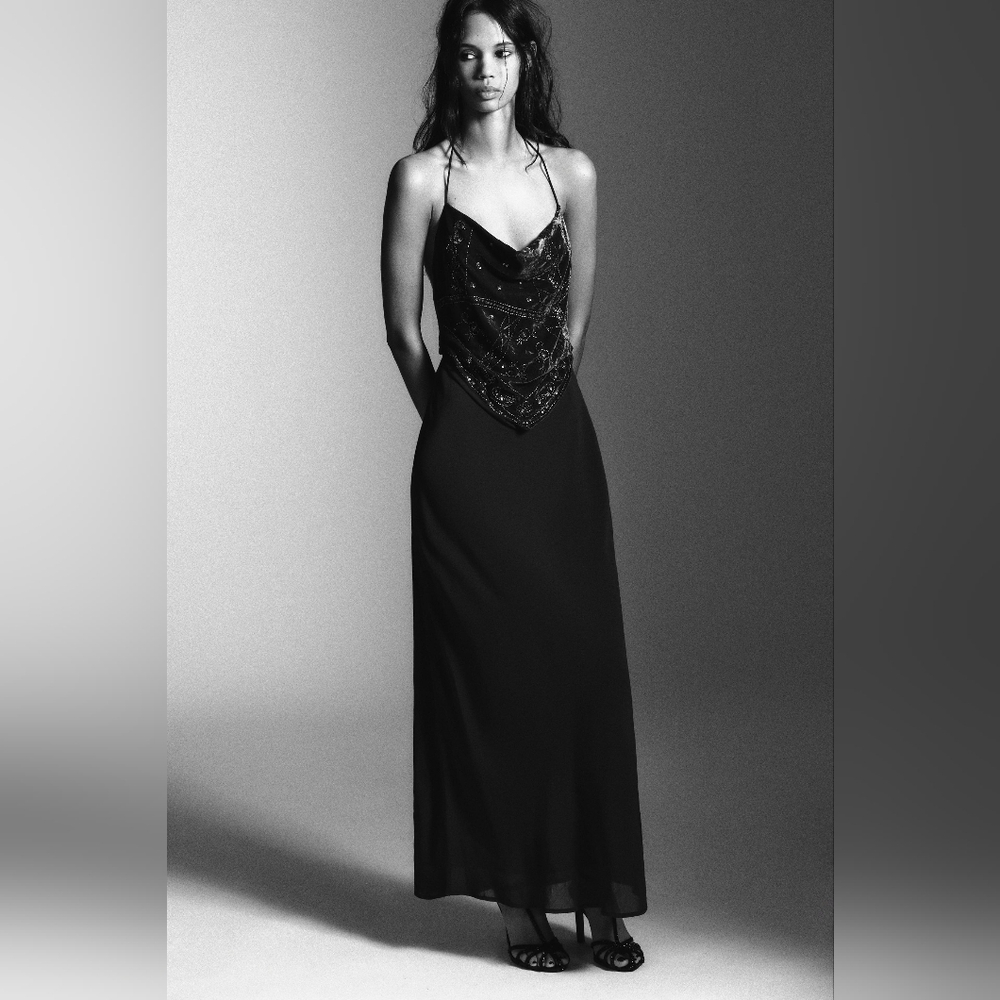 NWT SIZE SMALL LONG VELVET BEADED DRESS Dark charcoal gray ZARA 0881/236/835